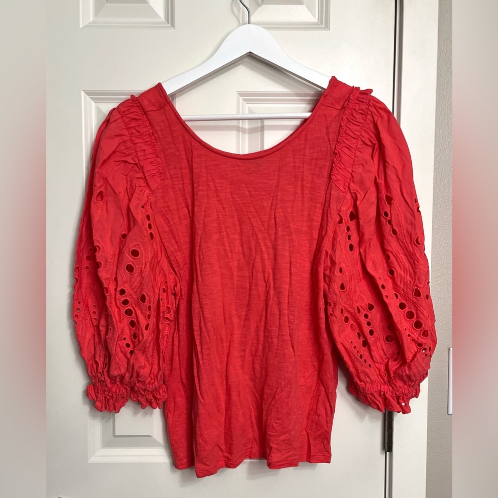 Express Red Puff Sleeve Eyelet Blouse
